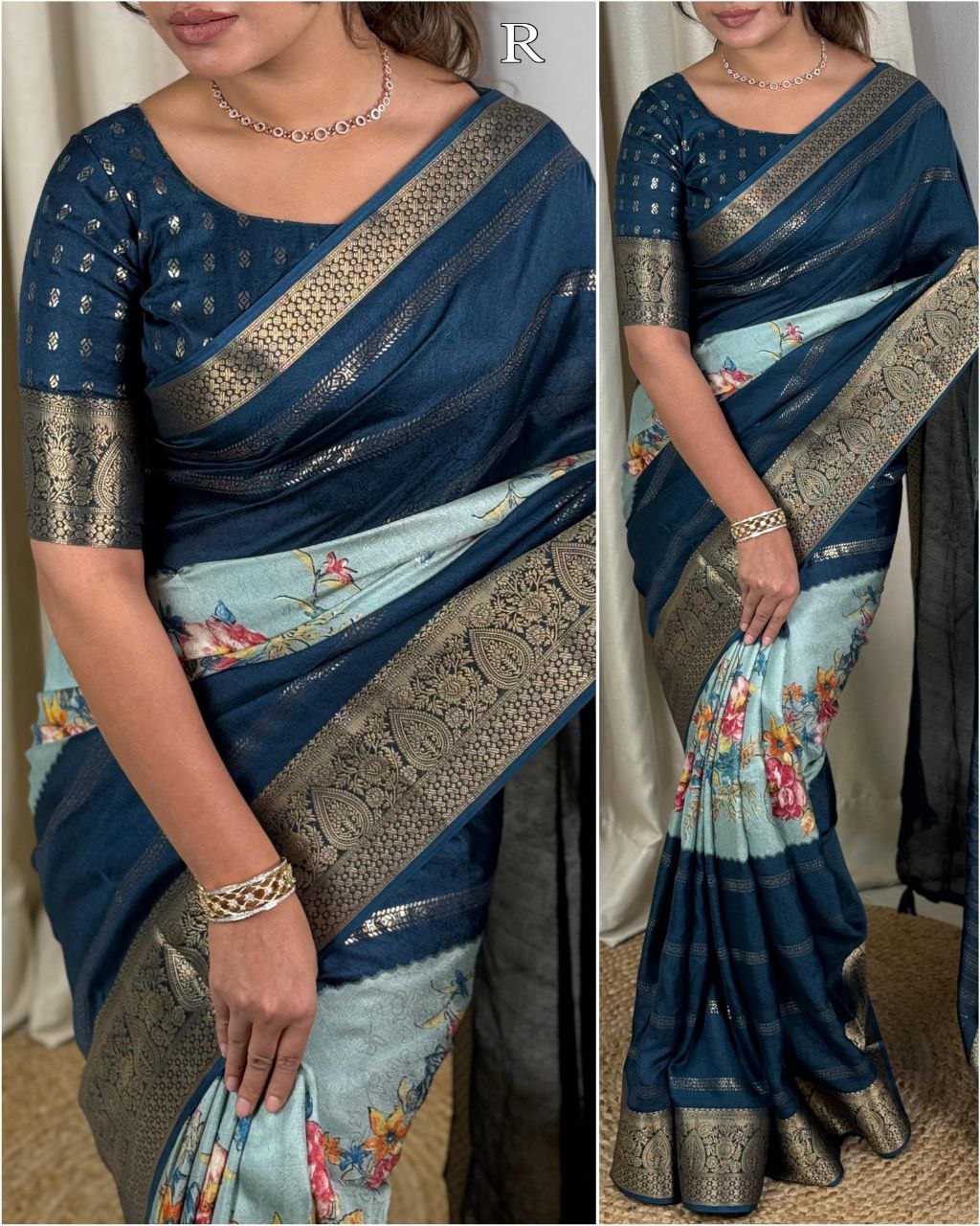 Elegant Dull Moss Saree with Zari Border & Floral Print