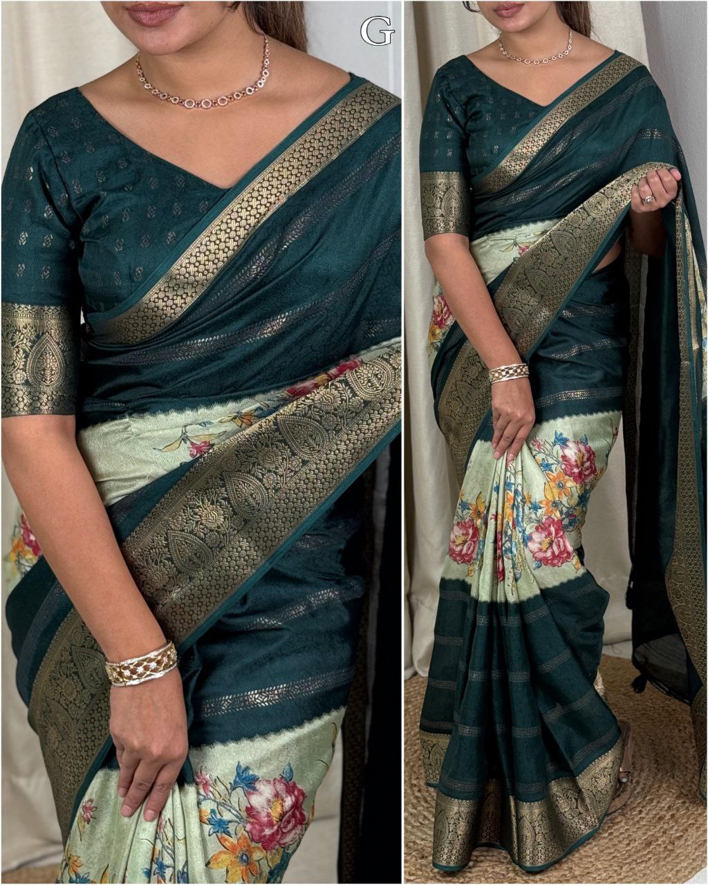 Chaitanya Dull Moss Saree with Zari Border & Prints