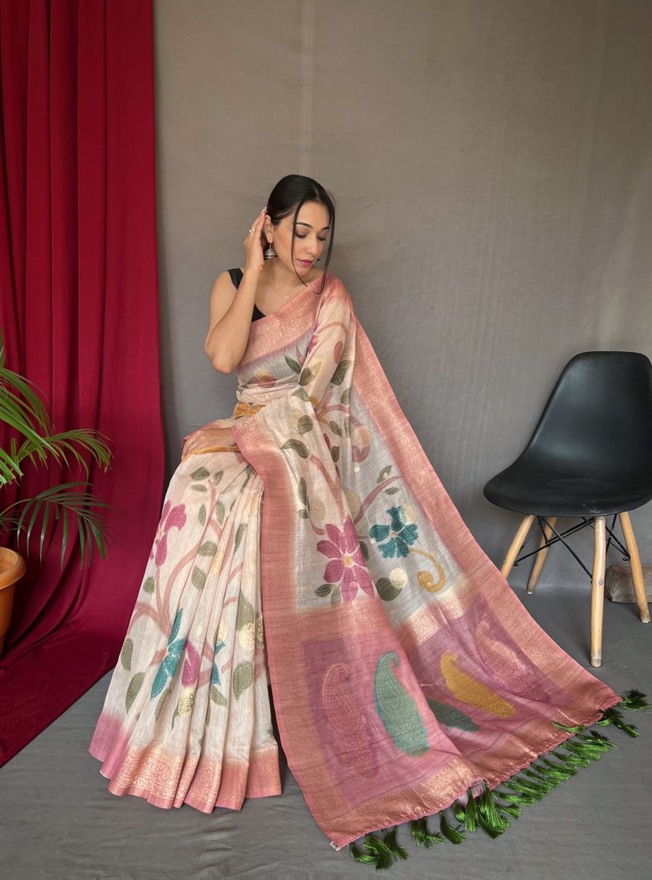 3D Floral Digital Print Saree with Golden Zari Pallu