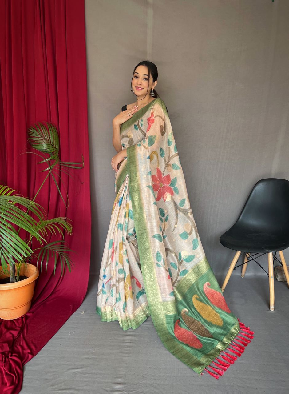 3D Floral Digital Print Saree with Golden Zari Pallu