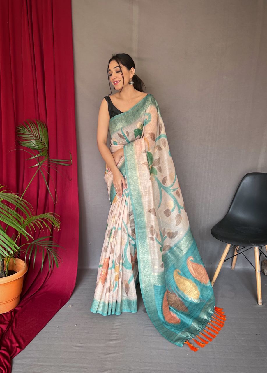 3D Floral Digital Print Saree with Golden Zari Pallu