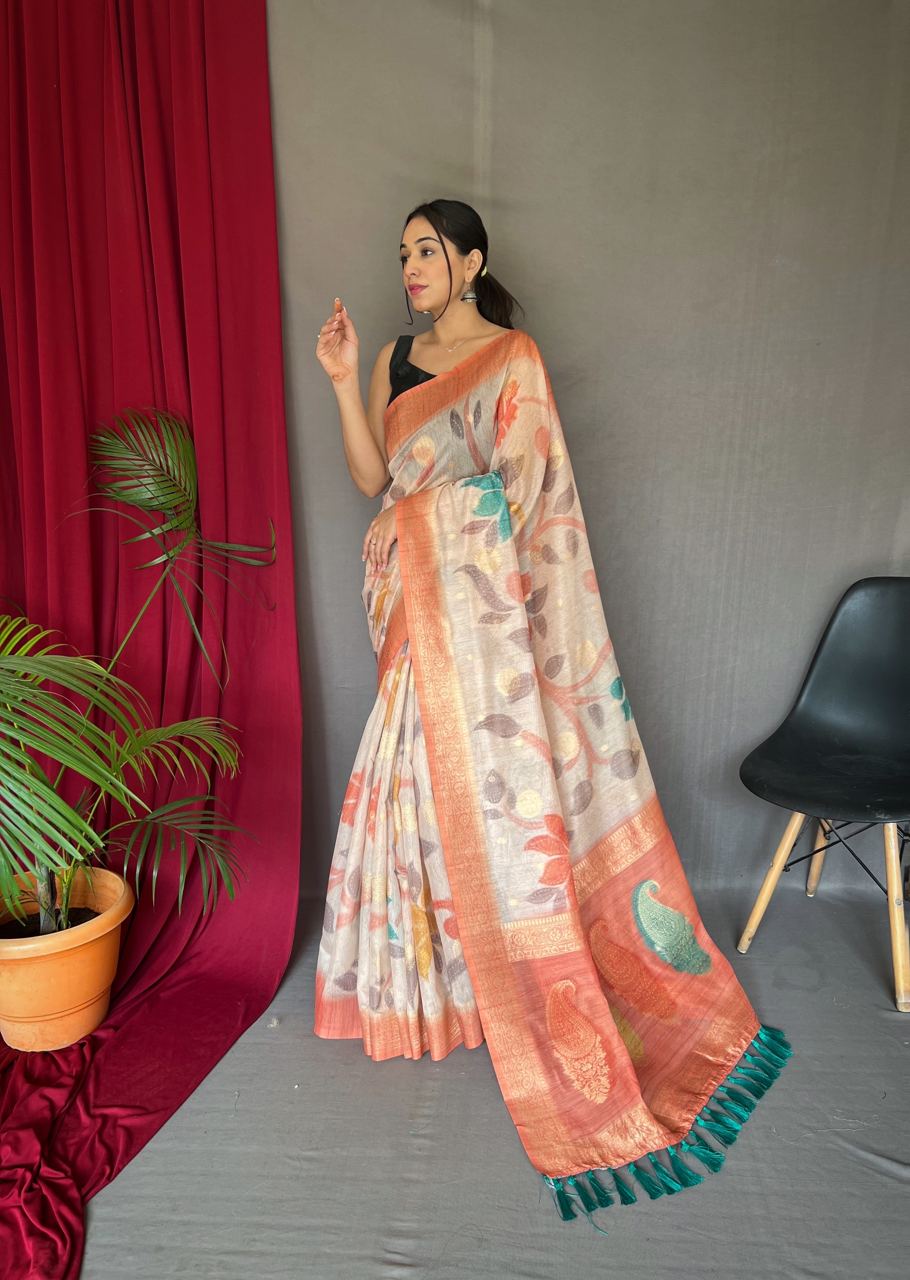 3D Floral Digital Print Saree with Golden Zari Pallu