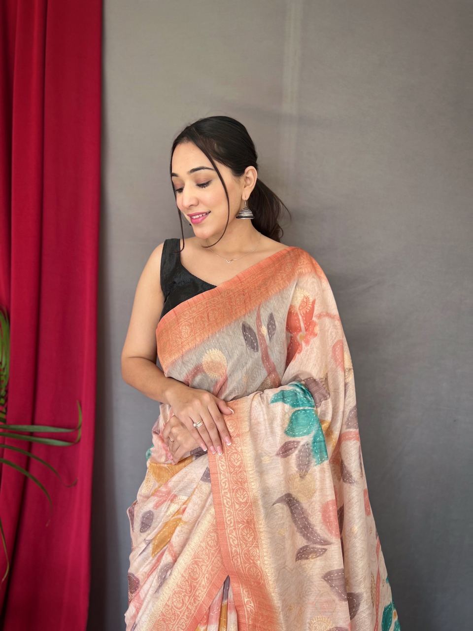 3D Floral Digital Print Saree with Golden Zari Pallu