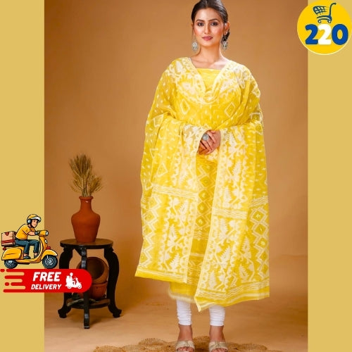 Elegant Sky Blue Printed Chanderi Cotton Suit Set – With Dupatta