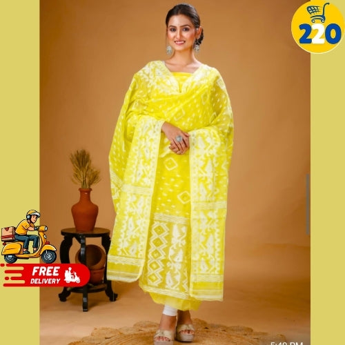 Elegant Sky Blue Printed Chanderi Cotton Suit Set – With Dupatta