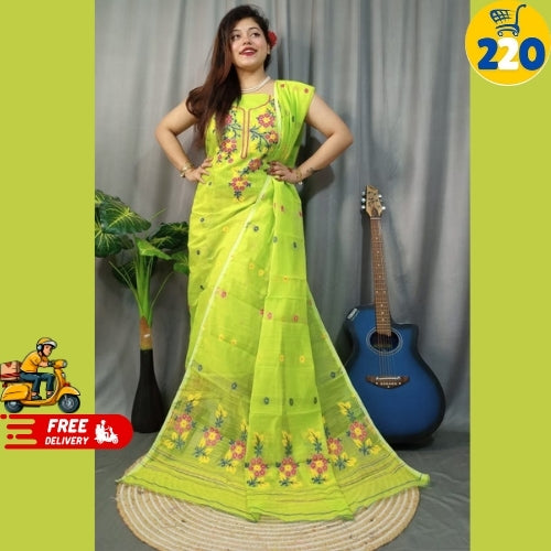 Bright Blue Floral Embroidered Saree – Lightweight & Elegant Daily Wear