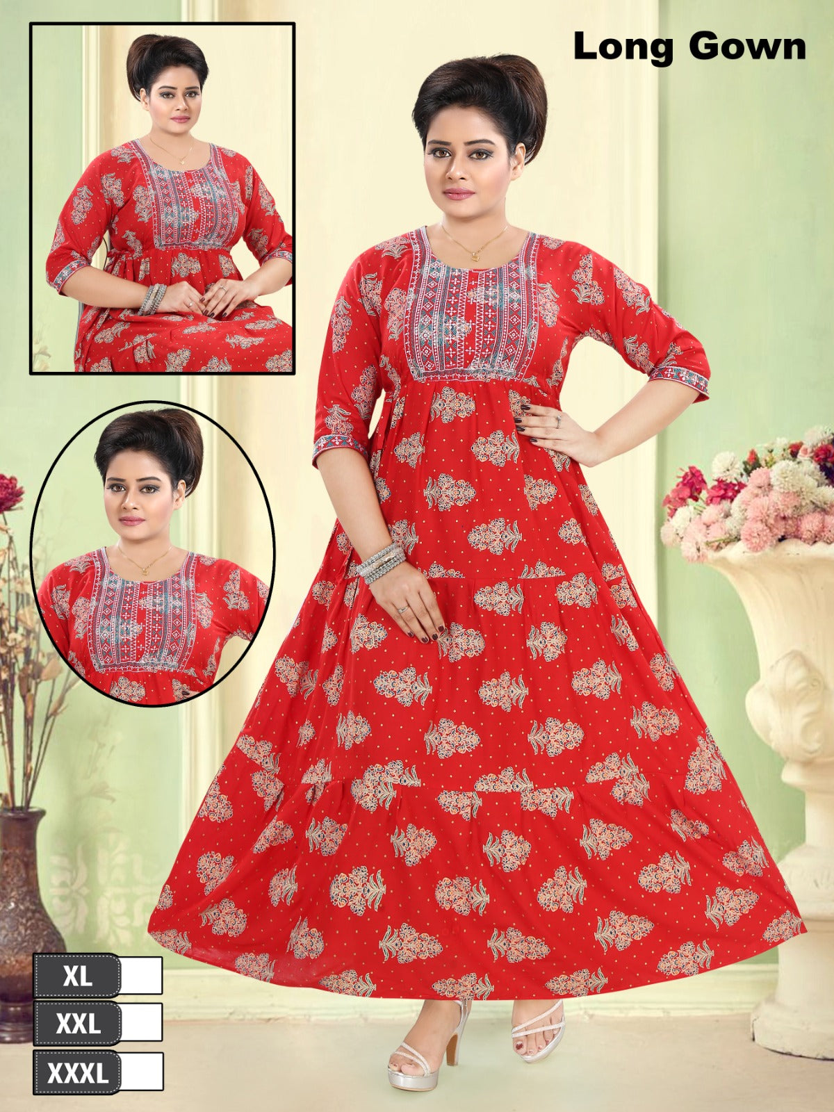 Elegant Red Floral Long Gown for Women