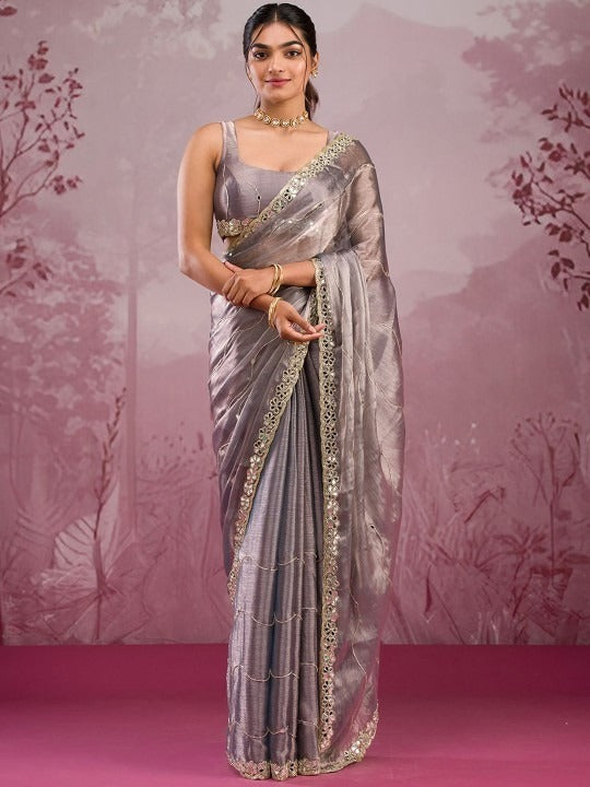 Moon Grey Burberry Silk Saree with Mirror Embroidered Border