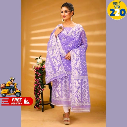 Elegant Sky Blue Printed Chanderi Cotton Suit Set – With Dupatta