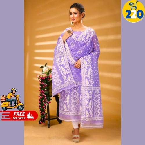 Elegant Sky Blue Printed Chanderi Cotton Suit Set – With Dupatta