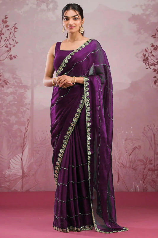 Royal Purple Burberry Silk Saree with Hand Mirror Embroidery