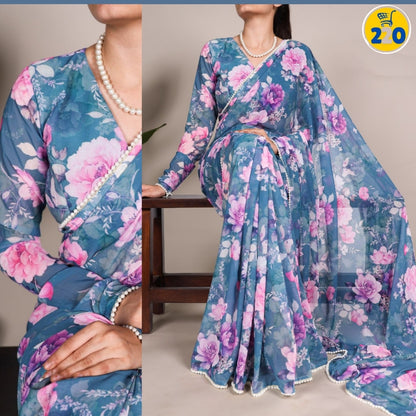 Elegant Marble Print Saree with Lace