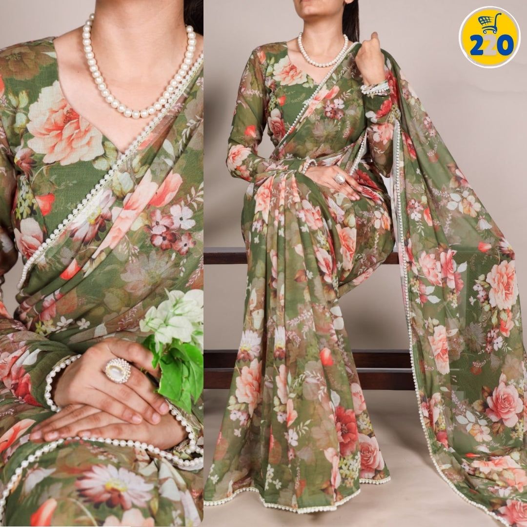 Elegant Marble Print Saree with Lace