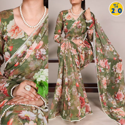 Elegant Marble Print Saree with Lace