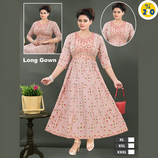 Elegant Pink Printed Long Gowns for Women with Embroidered yoke