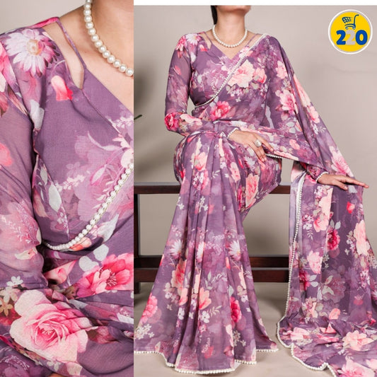 Elegant Marble Print Saree with Lace