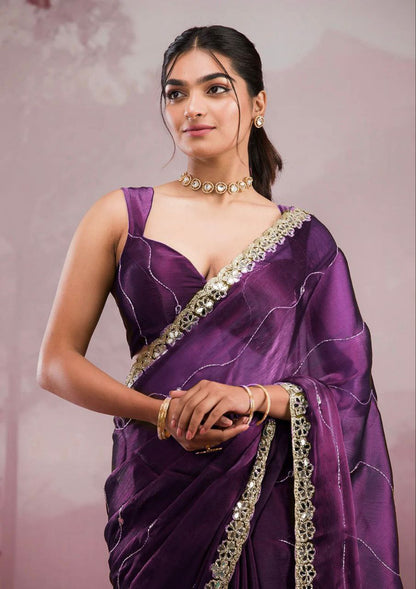 Royal Purple Burberry Silk Saree with Hand Mirror Embroidery