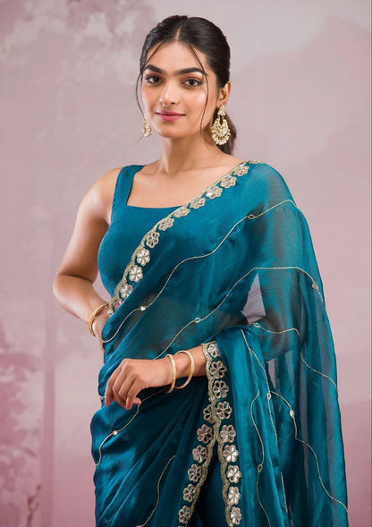 Teal Blue Burberry Silk Saree with Mirror Embroidery Border