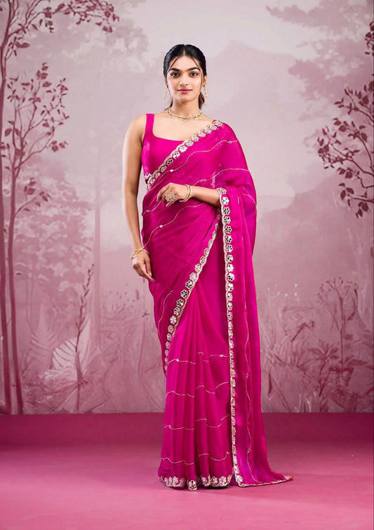 Pink Burberry Silk Saree with Real Mirror Work Border