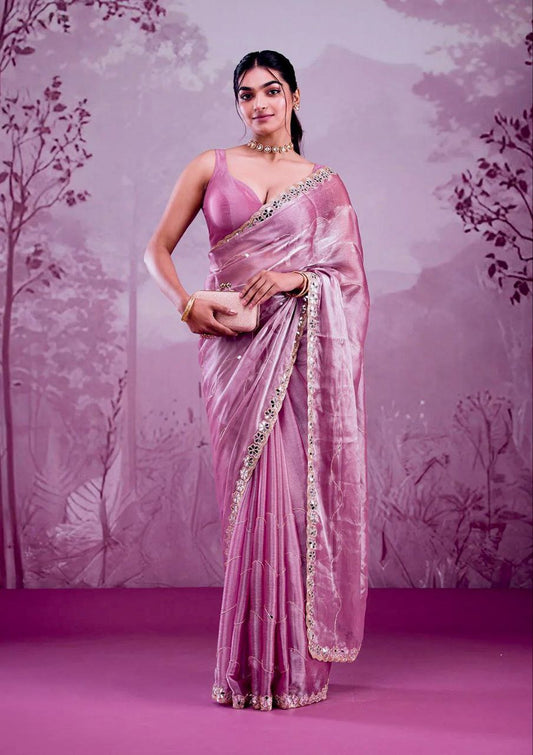 Mauve Pink Burberry Silk Saree with Mirror Embroidery Border
