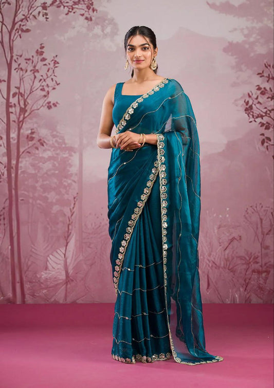 Teal Blue Burberry Silk Saree with Mirror Embroidery Border