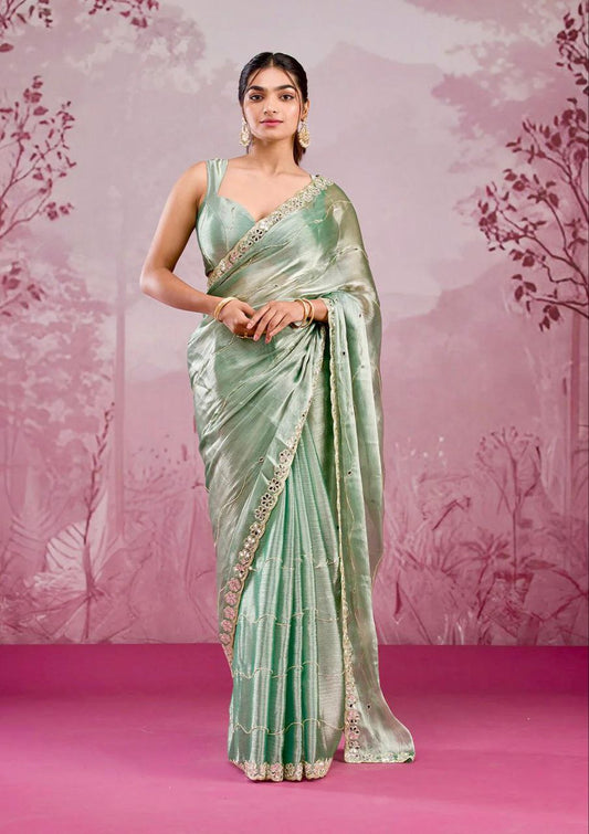 Mint Green Burberry Silk Saree with Mirror Embroidery Border