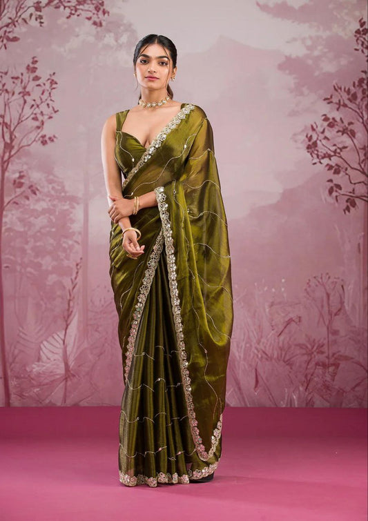 Olive Green Burberry Silk Saree with Mirror Embroidery & Cutwork Border