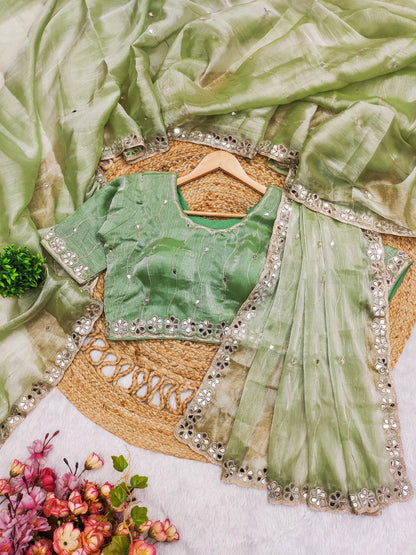 Mint Green Burberry Silk Saree with Mirror Embroidery Border