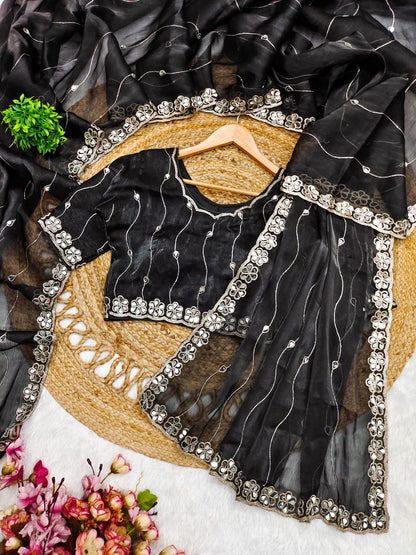 Jet Black Burberry Silk Saree with Mirror Embroidery Border