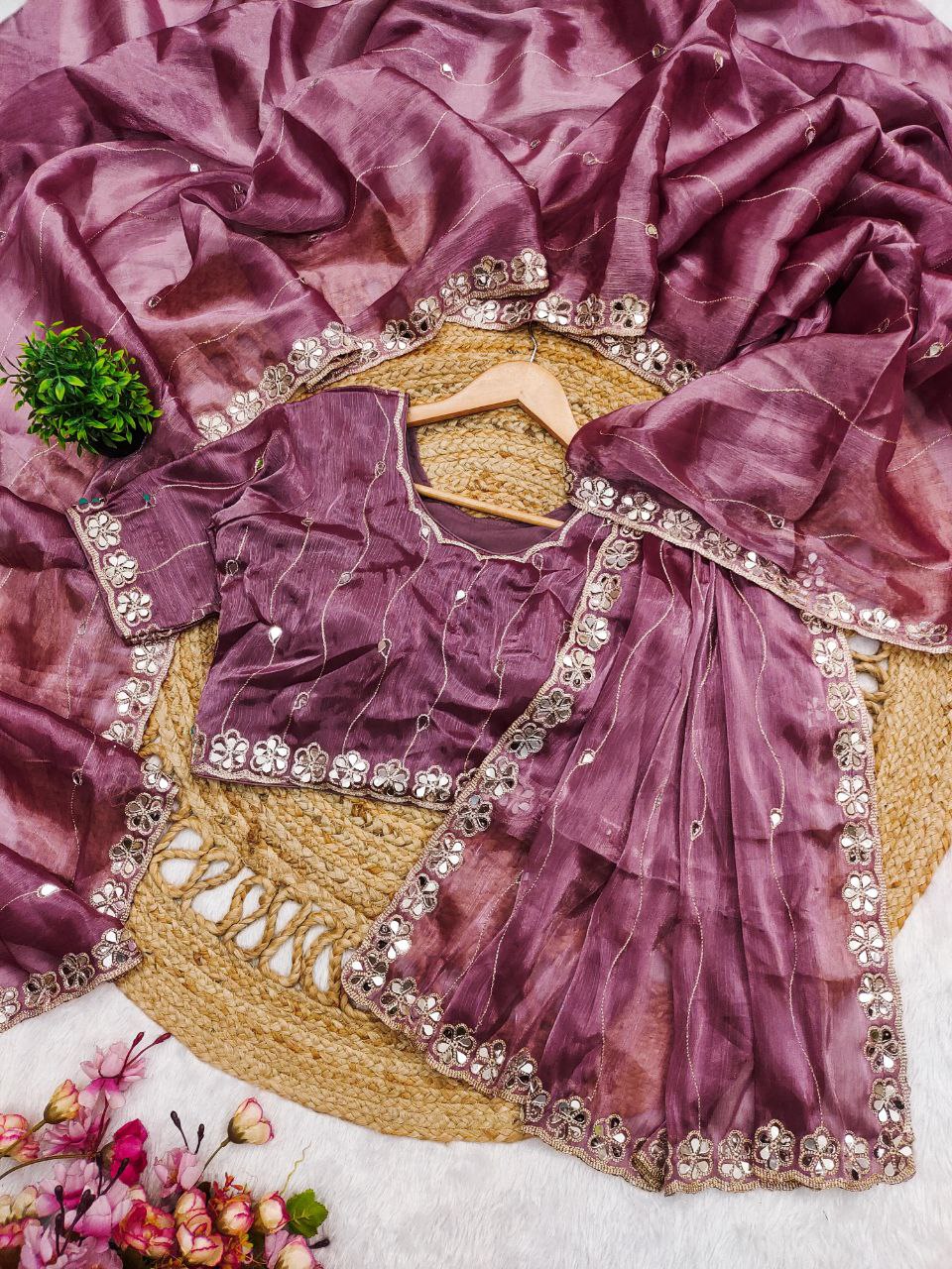 Mauve Pink Burberry Silk Saree with Mirror Embroidery Border
