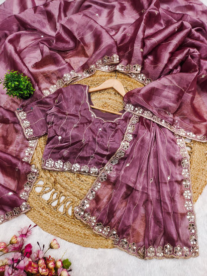 Mauve Pink Burberry Silk Saree with Mirror Embroidery Border