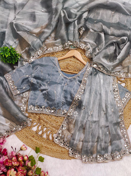 Moon Grey Burberry Silk Saree with Mirror Embroidered Border