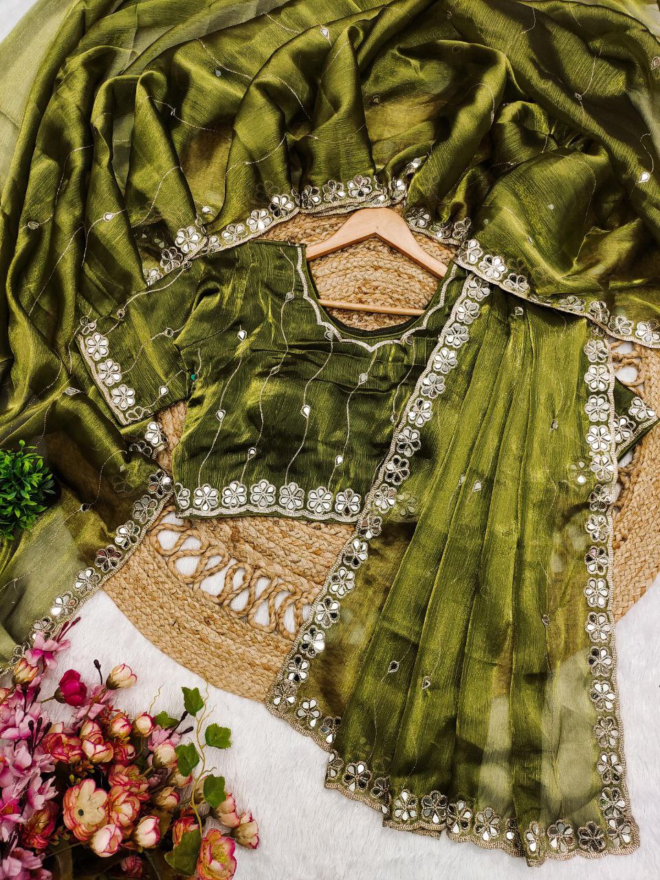 Olive Green Burberry Silk Saree with Mirror Embroidery & Cutwork Border