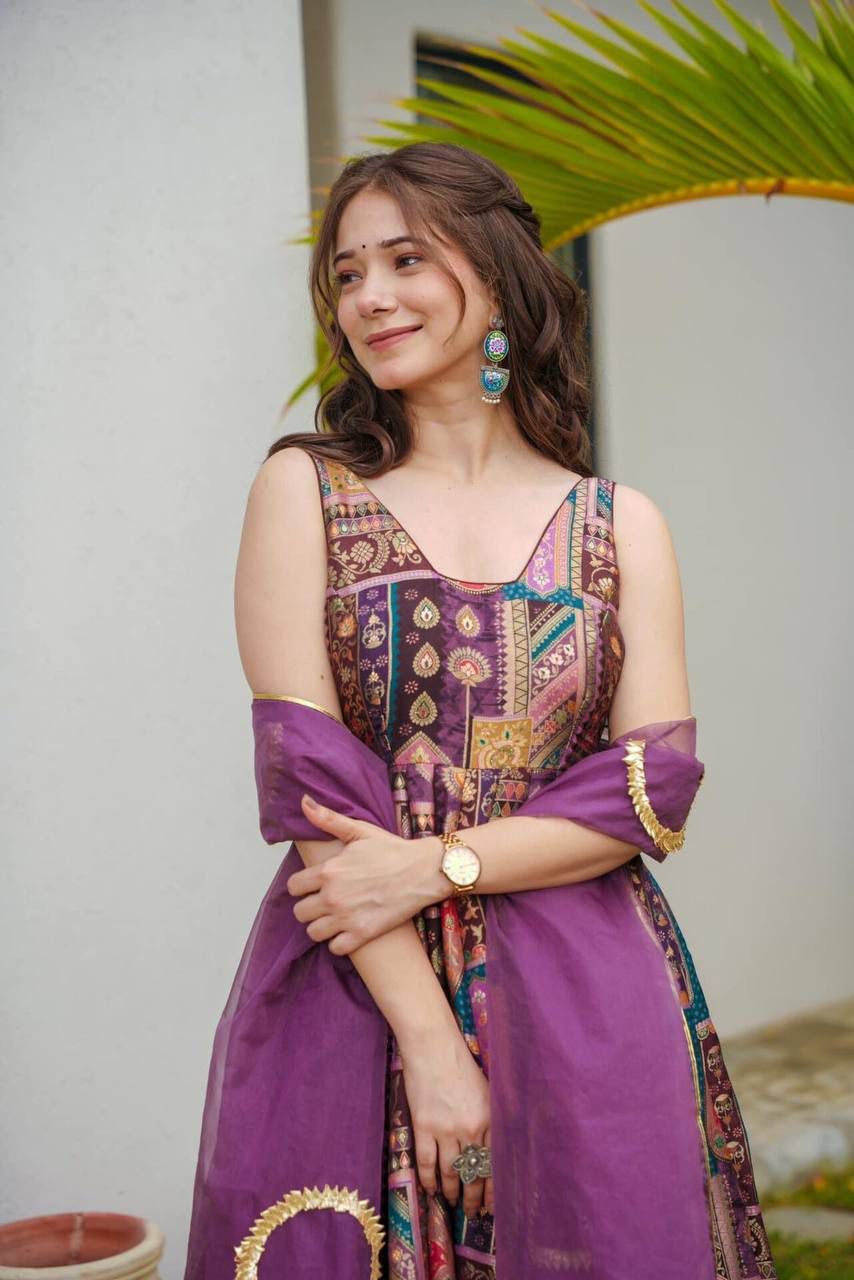 Luxury Chinnon Silk Anarkali Gown with Organza Dupatta – Festive & Wedding Collection