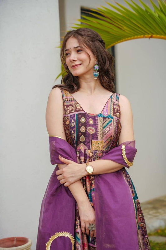 Luxury Chinnon Silk Anarkali Gown with Organza Dupatta – Festive & Wedding Collection