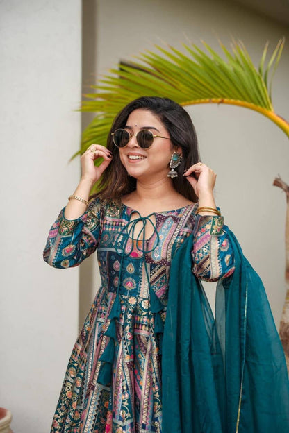 Luxury Chinnon Silk Anarkali Gown with Organza Dupatta – Festive & Wedding Collection
