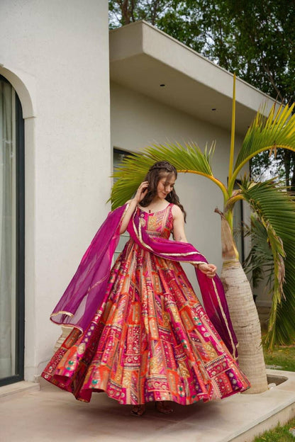 Luxury Chinnon Silk Anarkali Gown with Organza Dupatta – Festive & Wedding Collection
