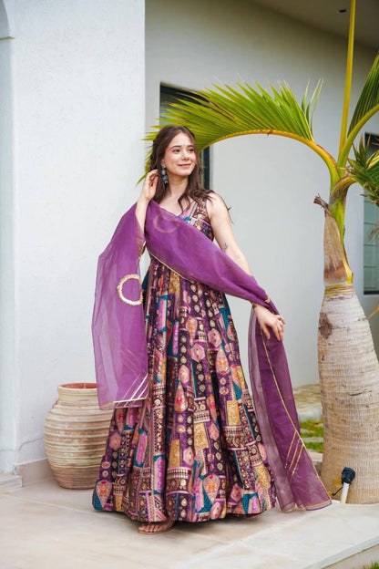 Luxury Chinnon Silk Anarkali Gown with Organza Dupatta – Festive & Wedding Collection