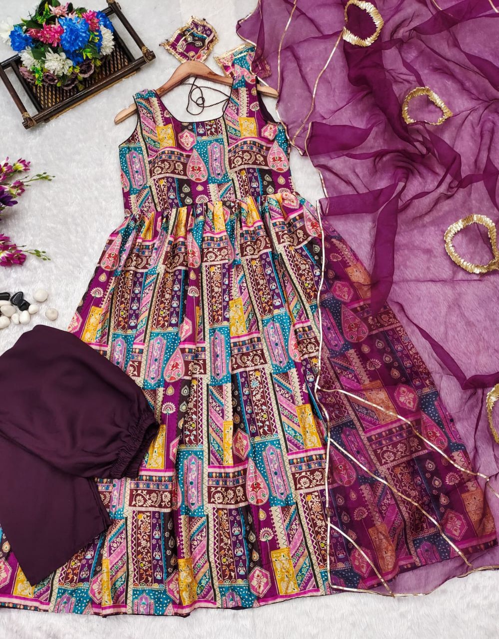 Luxury Chinnon Silk Anarkali Gown with Organza Dupatta – Festive & Wedding Collection