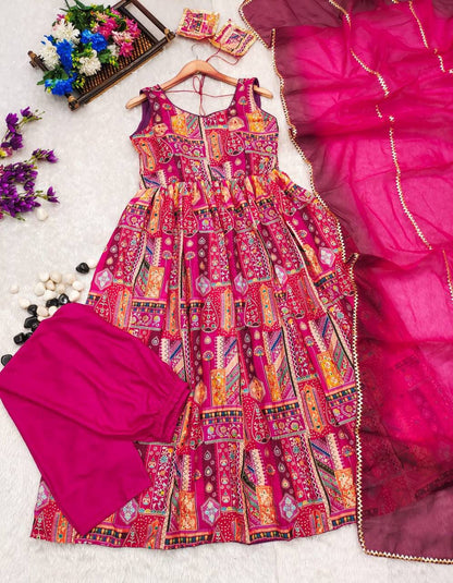 Luxury Chinnon Silk Anarkali Gown with Organza Dupatta – Festive & Wedding Collection