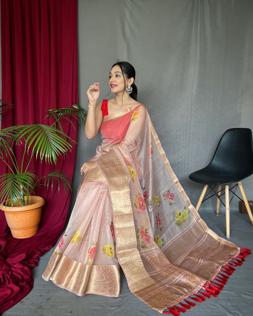 Elegant Pichika Organza Silk Saree with Gold Border
