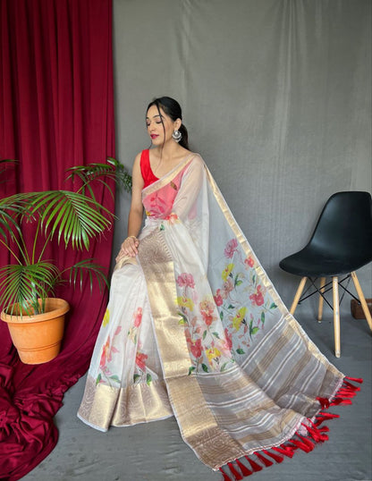 Elegant Pichika Organza Silk Saree with Gold Border