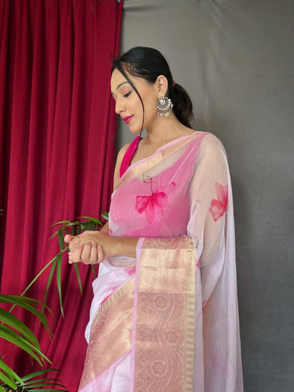 Elegant Pichika Organza Silk Saree with Gold Border