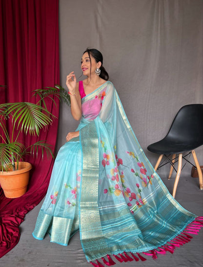 Elegant Pichika Organza Silk Saree with Gold Border