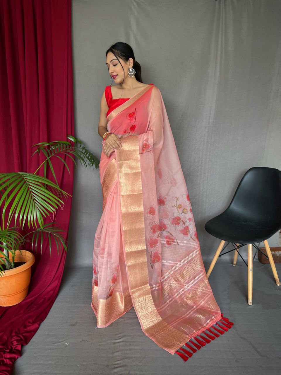 Elegant Pichika Organza Silk Saree with Gold Border