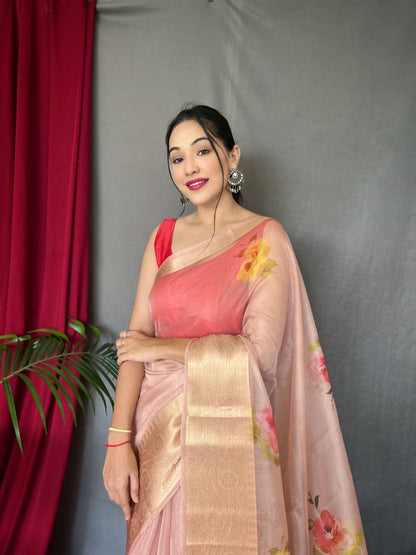 Elegant Pichika Organza Silk Saree with Gold Border