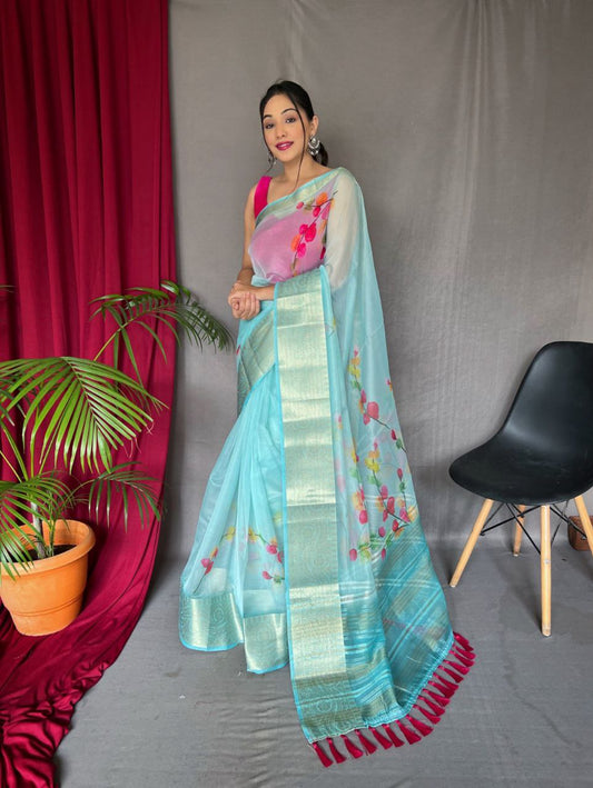 Elegant Pichika Organza Silk Saree with Gold Border