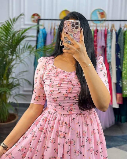 Blush Pink Floral Georgette Maxi Dress – Summer Edition