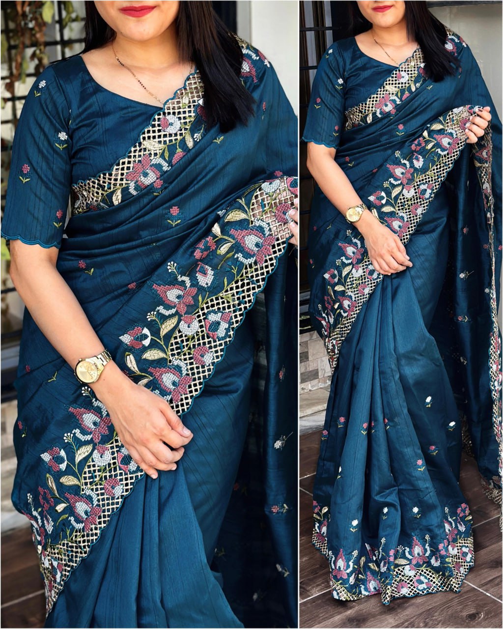 Cut Work Viscose Slub Silk Embroidered Saree