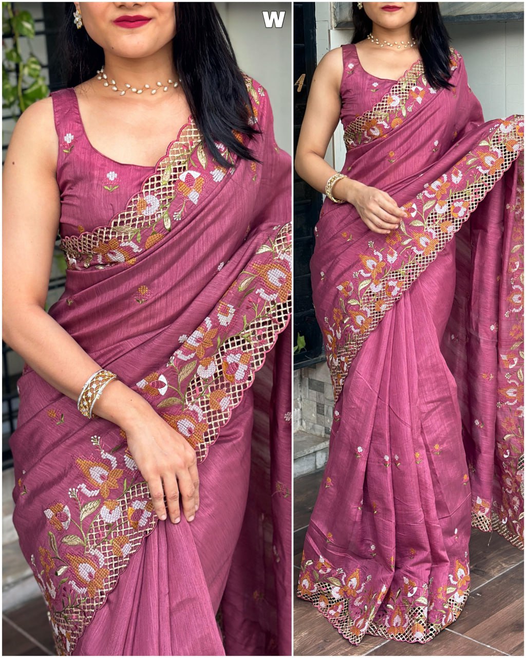 Cut Work Viscose Slub Silk Embroidered Saree